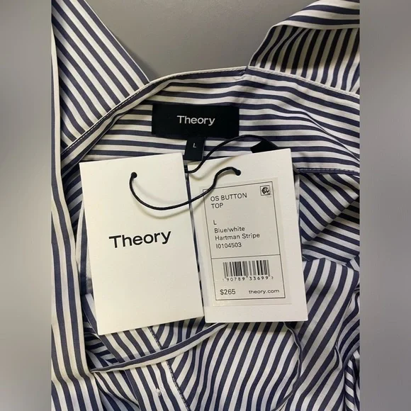 Theory Hartman Navy Stripe Off Should Button Down Sleeveless Blouse L - Picture 7 of 7